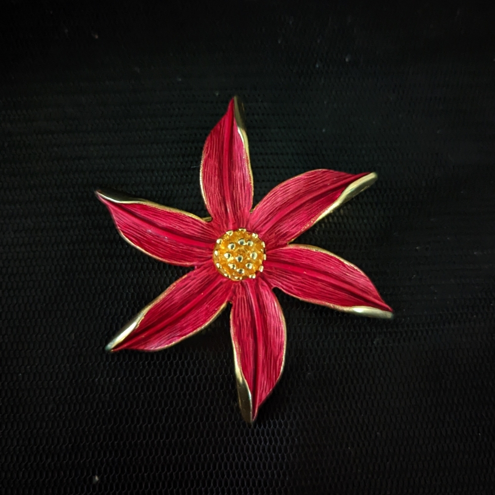 Tona Poinsettia Brooch Red & Goldtone Holiday Costume Jewelry